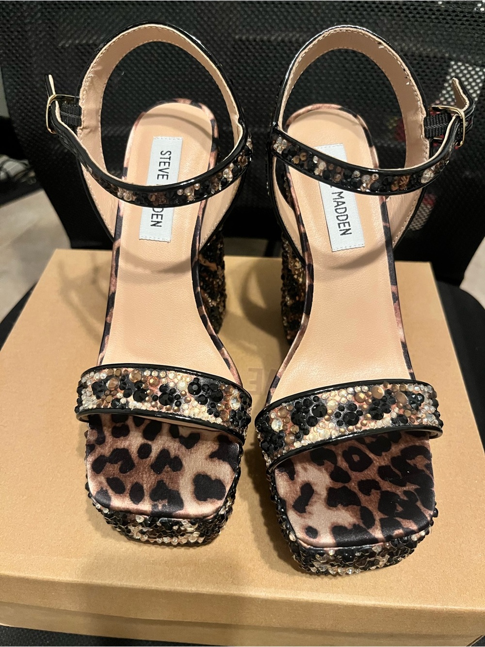 Steve Madden Leopard Sequin Block Heel Sandals - Brown/Black